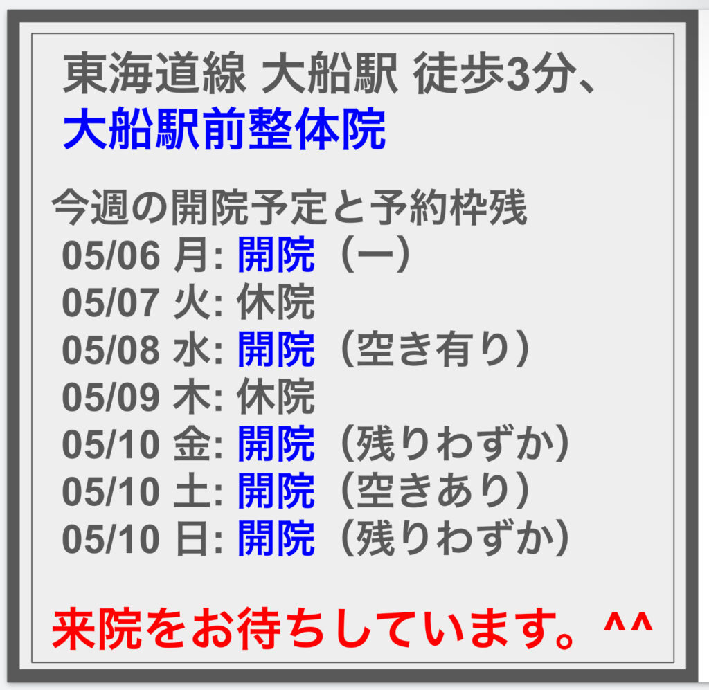 今週の開院予定と予約の残について(更新版)。^^