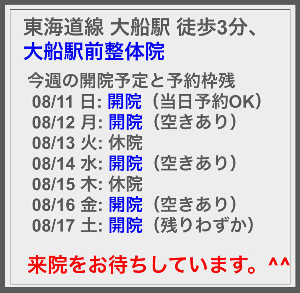 8/11の週の開院予定と空き状況に関して ^^