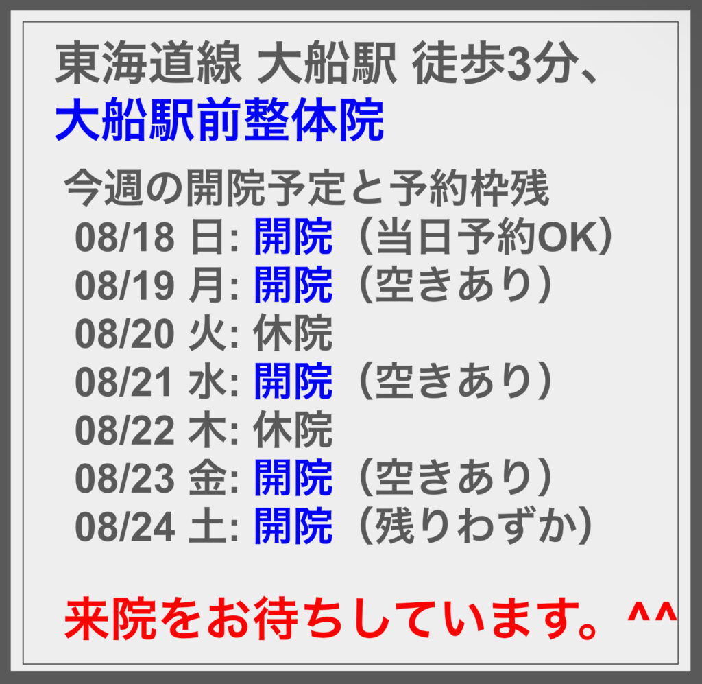 8/18の週の開院予定と空き状況に関して ^^