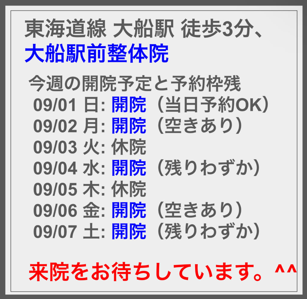 9/1の週の開院予定と空き状況に関して ^^