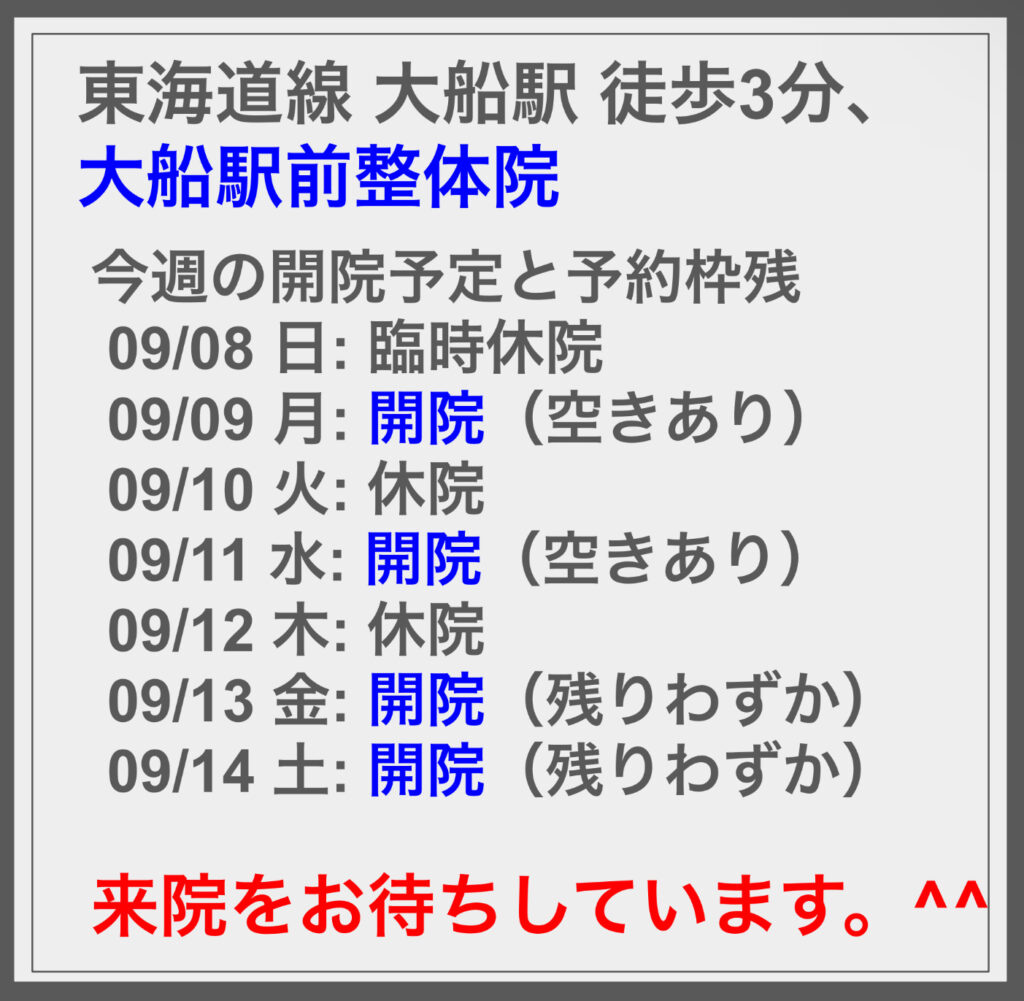 9/8の週の開院予定と空き状況に関して ^^