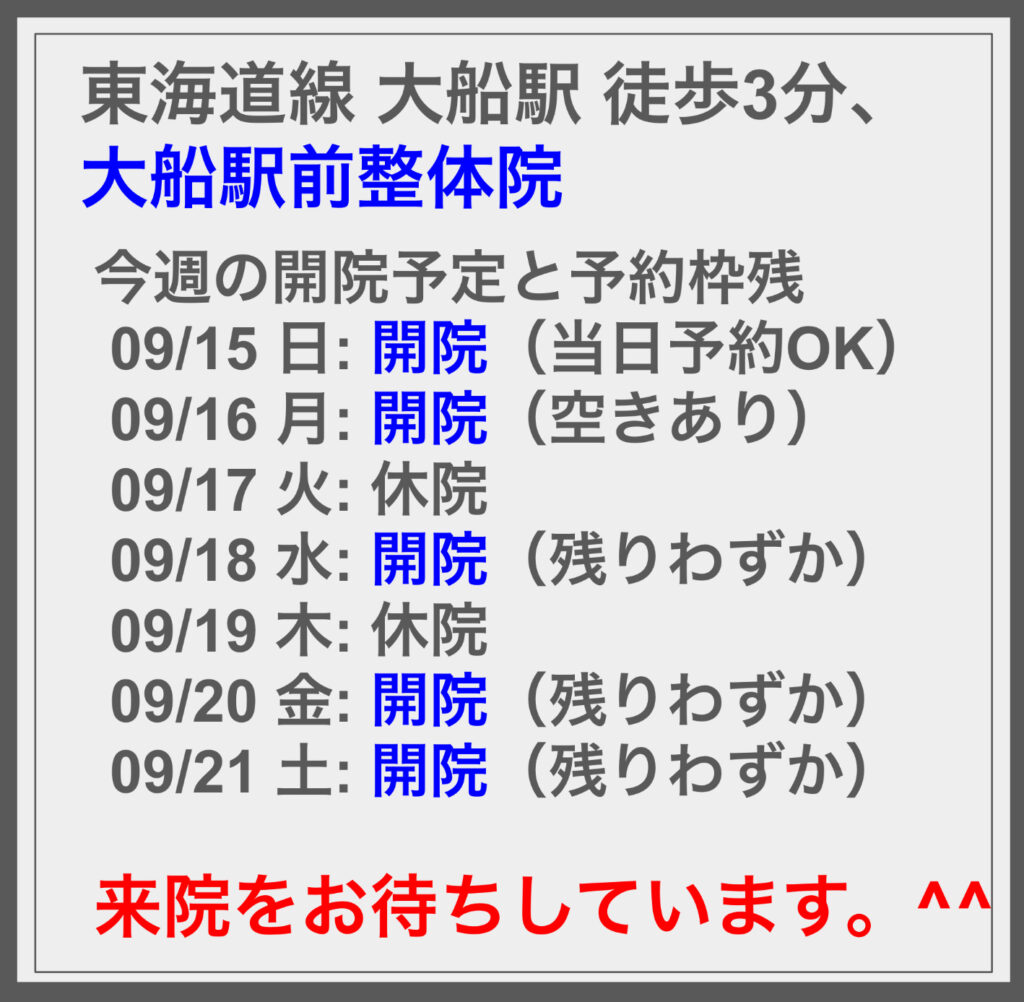 9/15の週の開院予定と空き状況に関して ^^