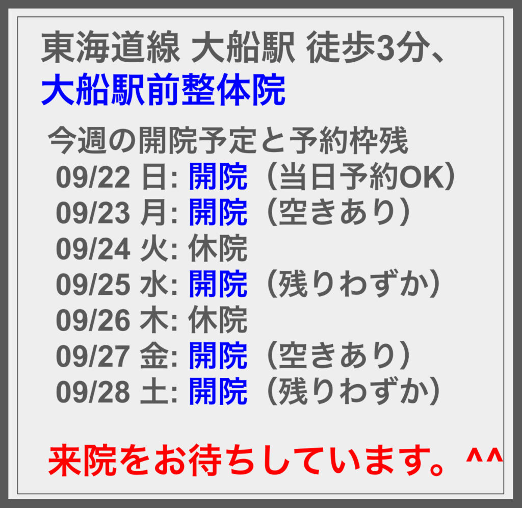 9/22の週の開院予定と空き状況に関して ^^