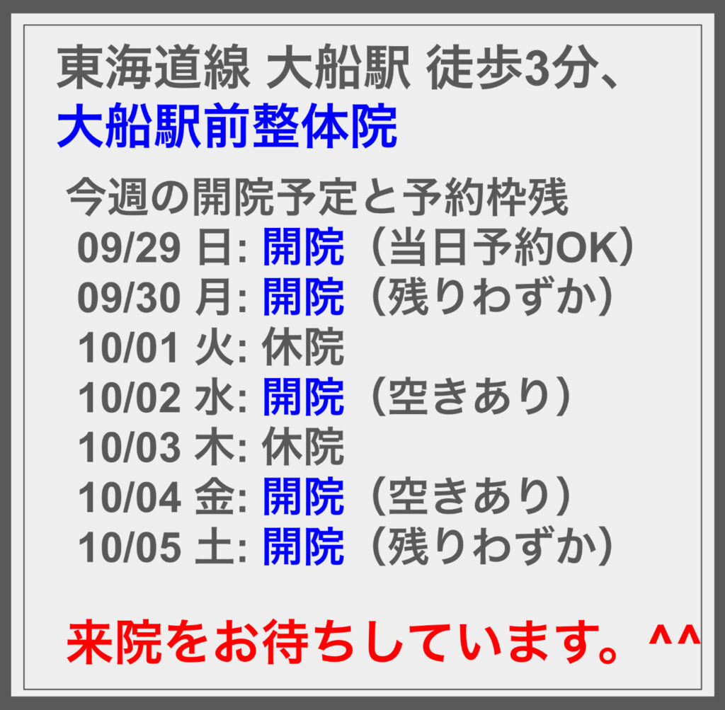 9/29の週の開院予定と空き状況に関して ^^