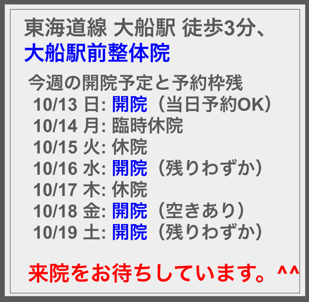 10/13の週の開院予定と空き状況に関して ^^