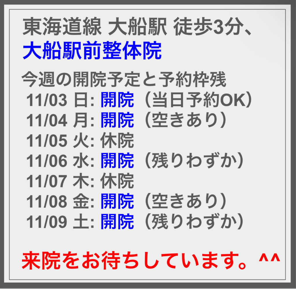 11/03の週の開院予定と空き状況に関して ^^