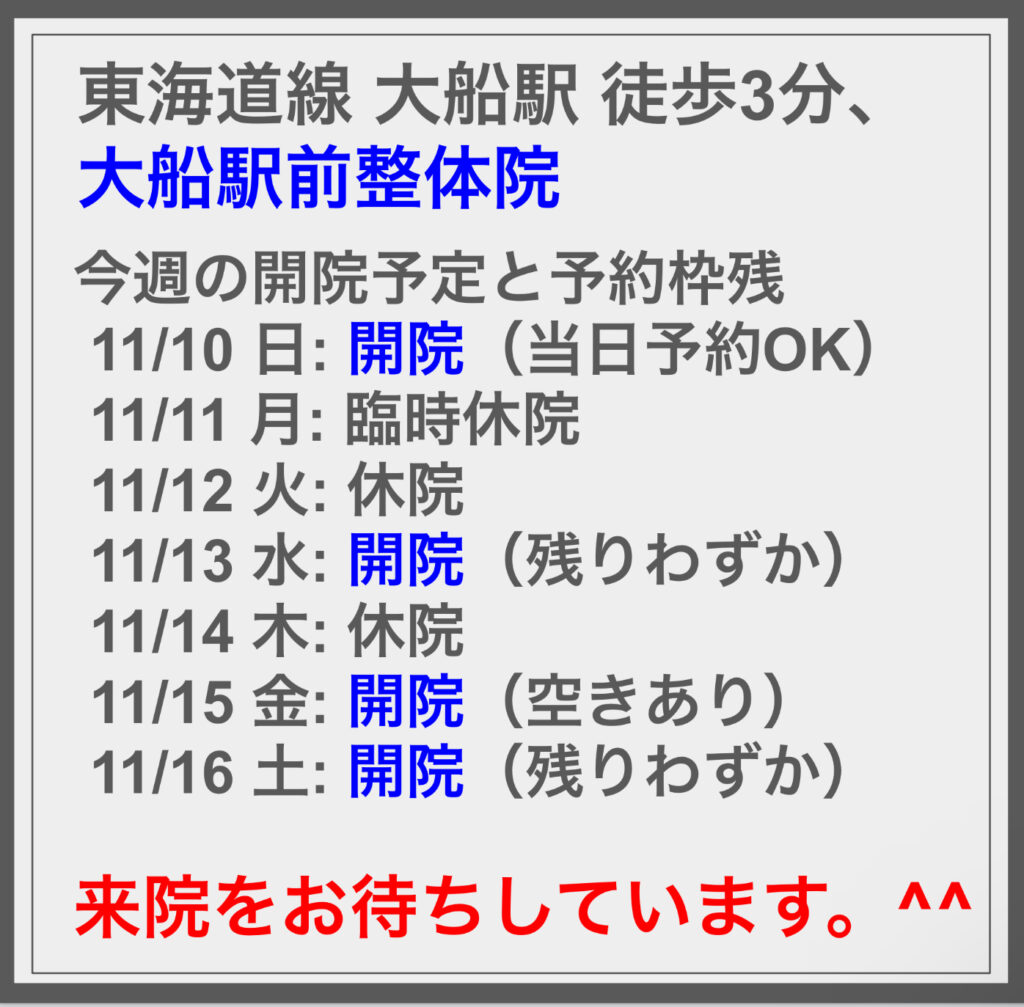 11/10の週の開院予定と空き状況に関して ^^