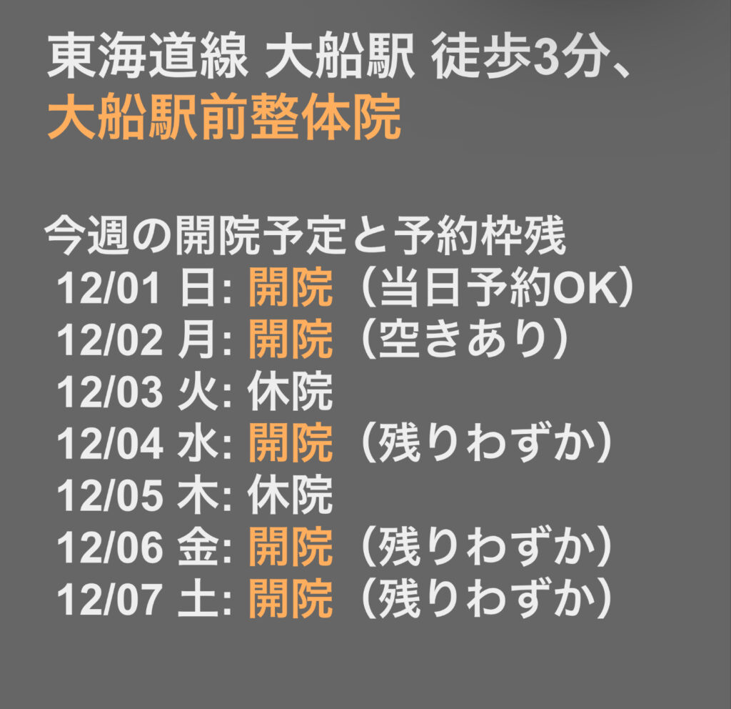 12/01の週の開院予定と空き状況に関して ^^