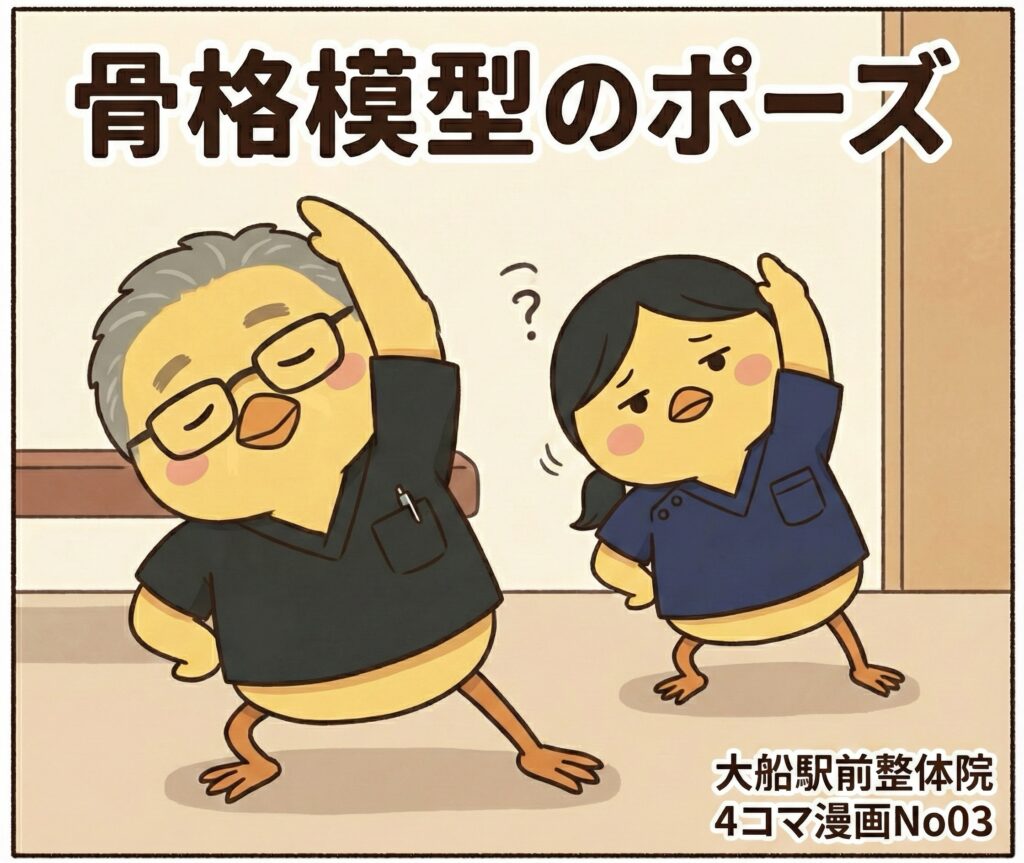 骨格模型のポーズ（4コマ漫画）
